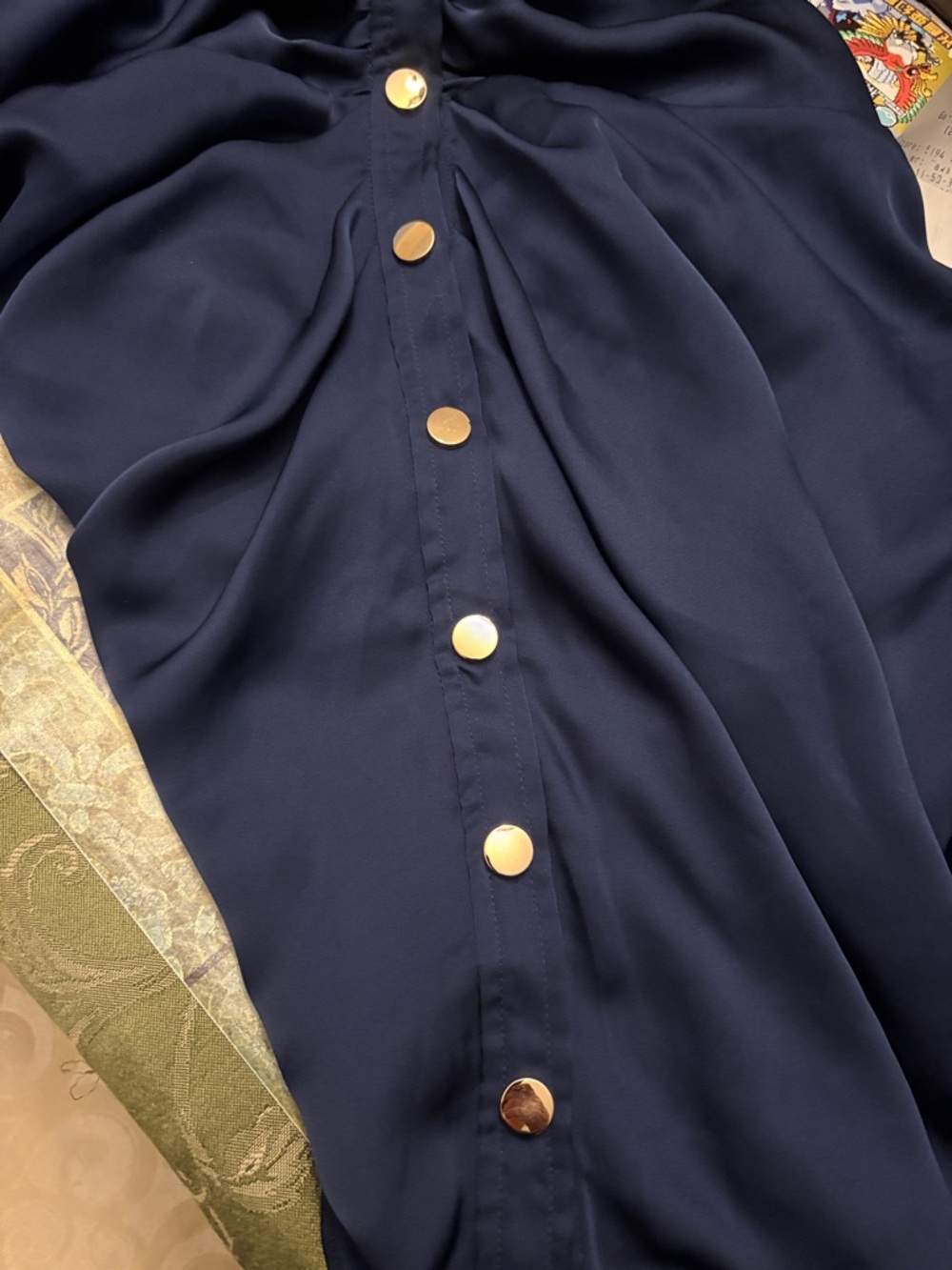 Ramy Brook NY Katelyn Navy Satin Ruched Button Mini Dress with Gold Buttons - Picture 16 of 16